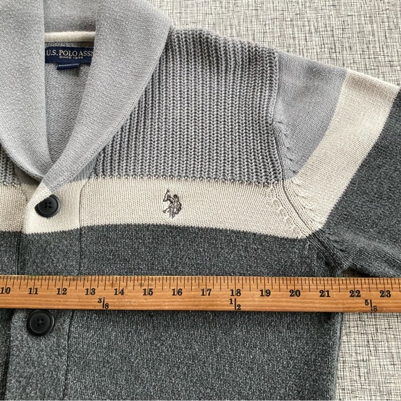 US Polo Assn Men’s Grey Stripe Cardigan Collared Button Down Embroidered Logo - Picture 6 of 11